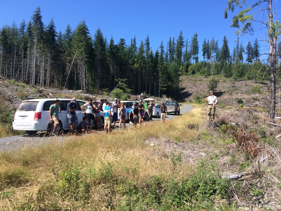 group of students and vehicles in Washington forested area