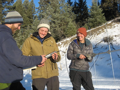 Three researchers using telemetry equipment to track a wild animal