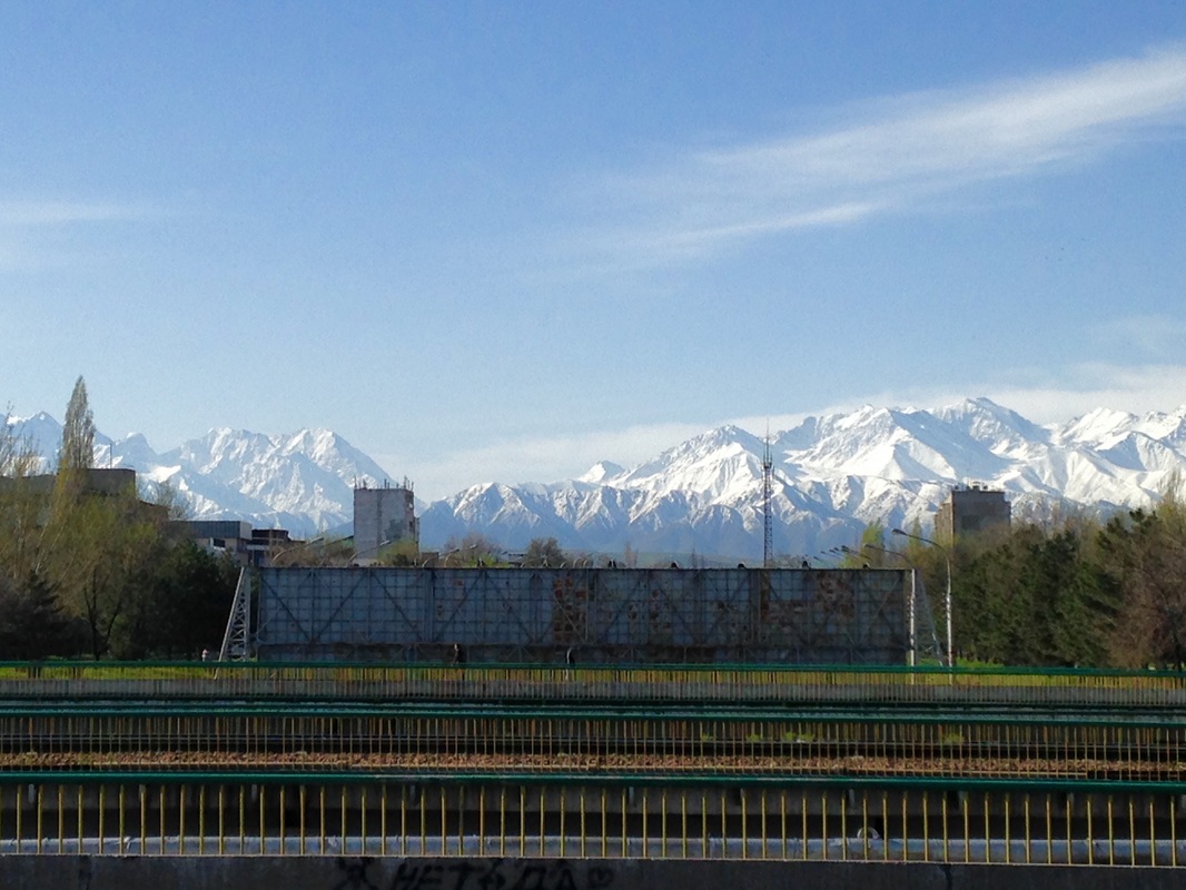 The snowy Tien Shan Mountains as seen from the town of Bishkek