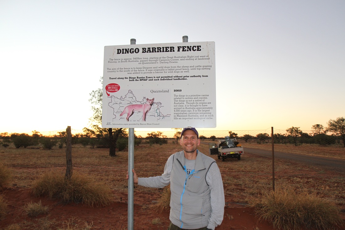 Aaron Wirsing standing at sign noting the presence of a dingo barrier fence
