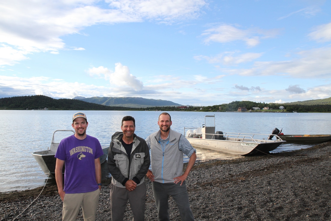 Aaron Wirsing with Mike Tillotson and George Pess at Lake Aleknagik, Alaska
